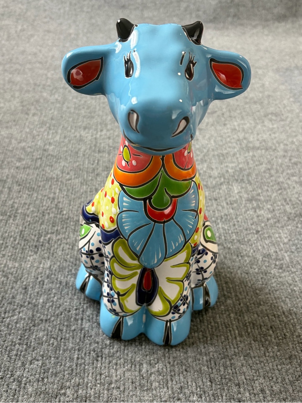 Mexican Talavera Cow Planter Hand Painted Ceramic Folk Art Blue Floral 11”